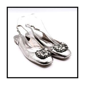 BODEN Metallic Silver Leather Slingback Flats Jeweled Rhinestone Holiday 37 6.5